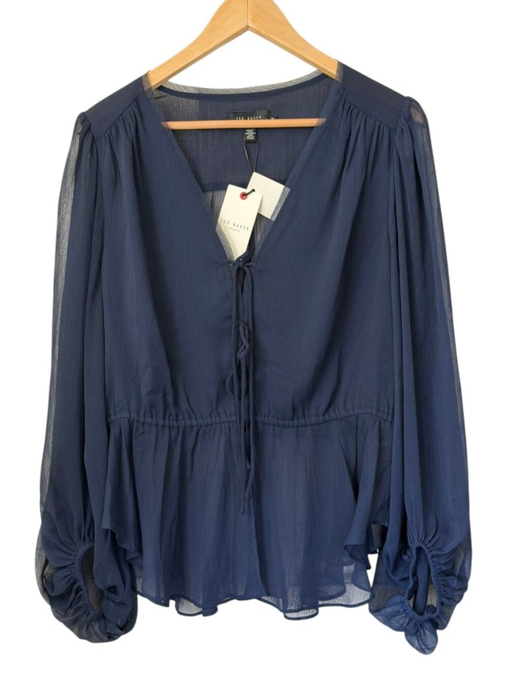 Ted Baker Frasiah Tie Front Peplum Blouse Sheer Blouson Sleeve Dark Navy US 10/L